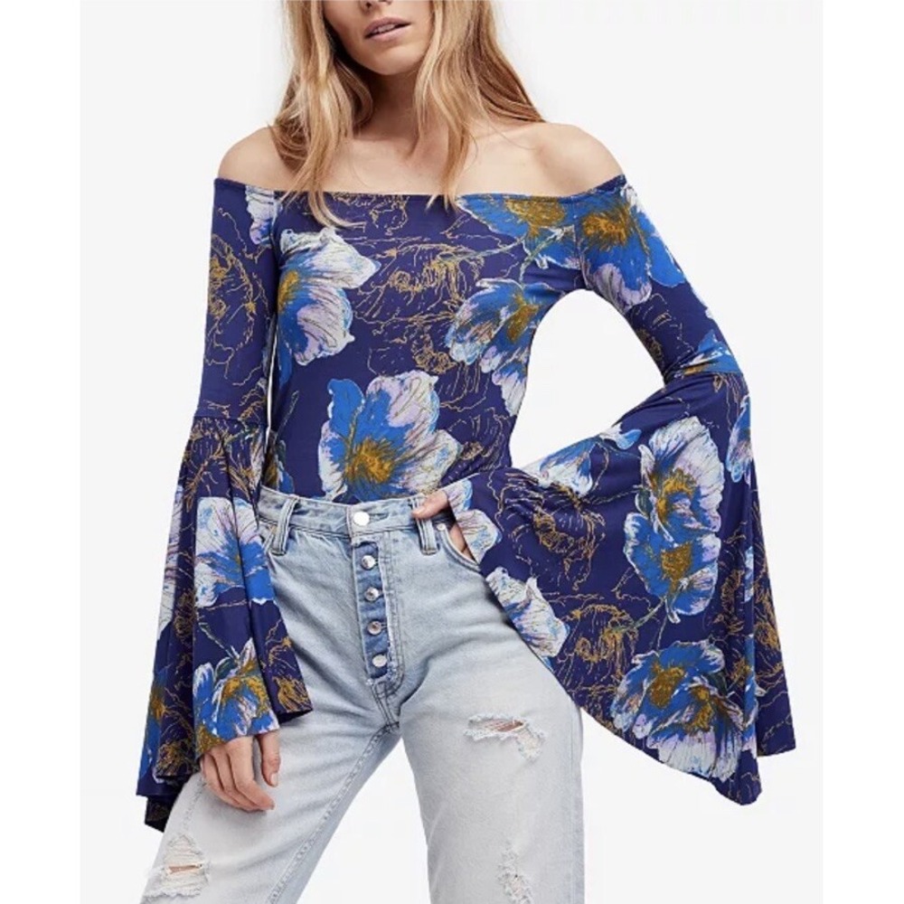 We The Free People Birds of‎ Paradise Off Shoulder Top Women PS Navy Floral